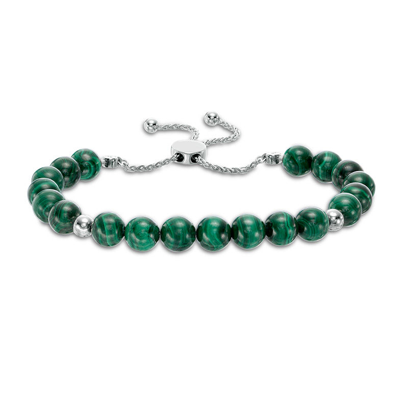 Previously Owned - 8.0mm Malachite and Polished Bead Bolo Bracelet in Sterling Silver - 9.0"