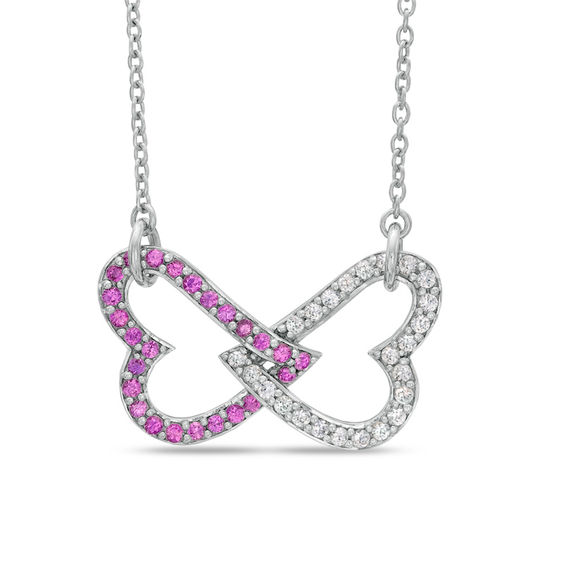 Previously Owned - Lab-Created Pink and White Sapphire Interlocked Heart Necklace in Sterling Silver