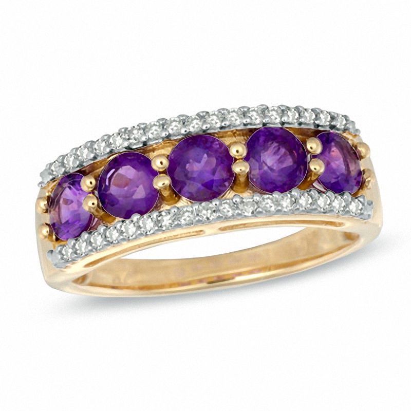 Previously Owned - 4.0mm Amethyst and 0.14 CT. T.W. Diamond Ring in 10K Gold