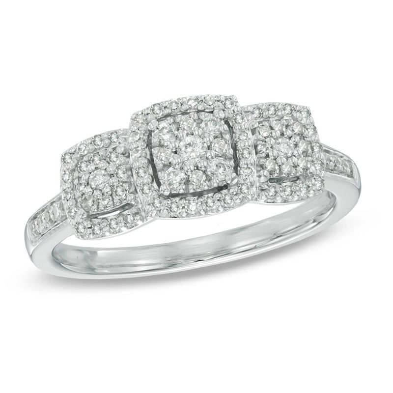 Previously Owned - 0.30 CT. T.W. Diamond Past Present Future® Square Cluster Frame Ring in 10K White Gold|Peoples Jewellers
