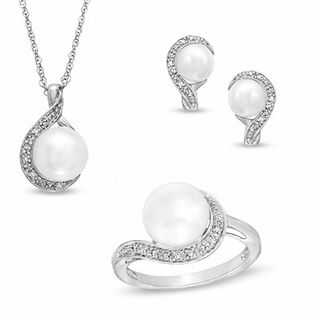 Previously Owned-Freshwater Cultured Pearl and Diamond Accent Pendant, Ring and Earrings Set in Sterling Silver