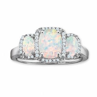 Previously Owned - Cushion-Cut Lab-Created Opal Three Stone Ring with Diamond Accents in 14K White Gold