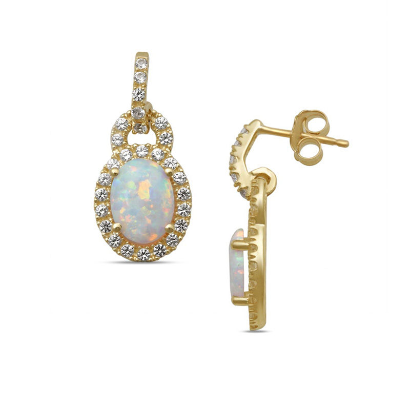 Previously Owned - Oval Lab-Created Opal and White Sapphire Frame Drop Earrings in 10K Gold