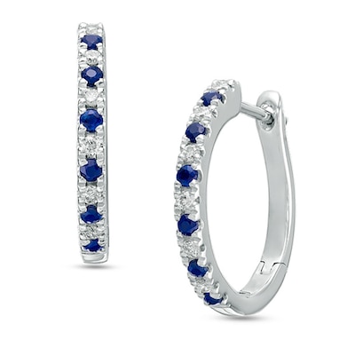 Previously Owned - Vera Wang Love Collection 0.12 CT. T.W. Diamond and Blue Sapphire Hoop Earrings in Sterling Silver