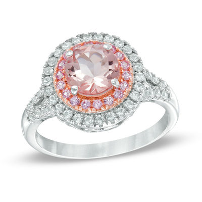 Previously Owned - 7.0mm Lab-Created Pink and White Sapphire Frame Ring in Sterling Silver and 14K Rose Gold Plate