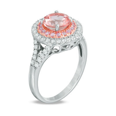 Previously Owned - 7.0mm Lab-Created Pink and White Sapphire Frame Ring in Sterling Silver and 14K Rose Gold Plate