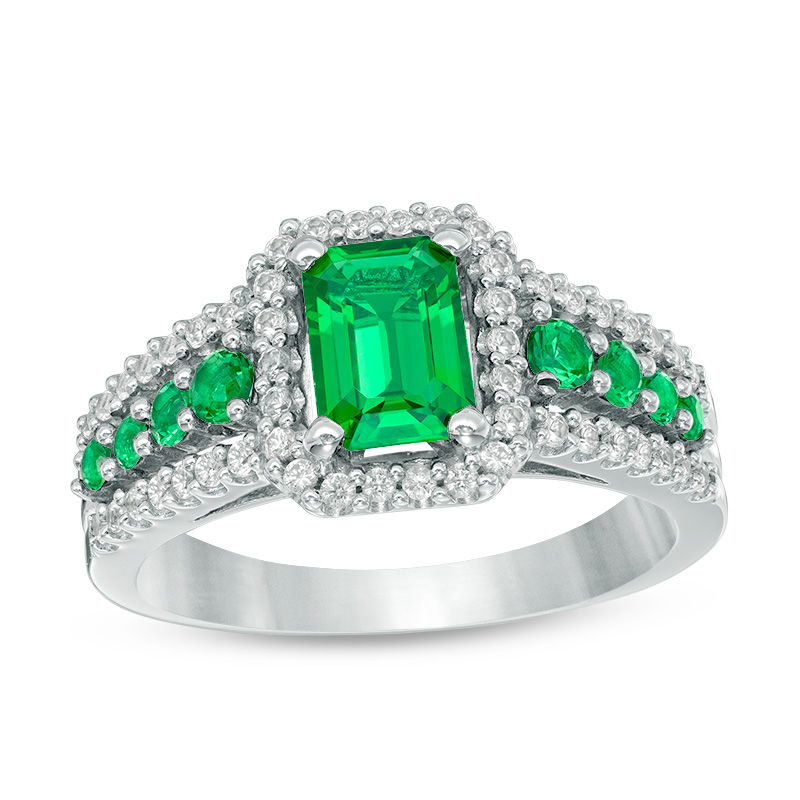 Main Image 1 of Previously Owned - Emerald-Cut Lab-Created Emerald and White Sapphire Frame Ring in Sterling Silver