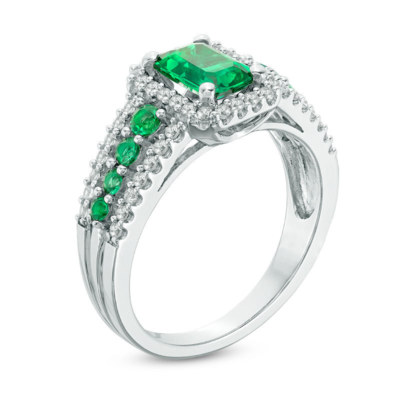 Main Image 2 of Previously Owned - Emerald-Cut Lab-Created Emerald and White Sapphire Frame Ring in Sterling Silver