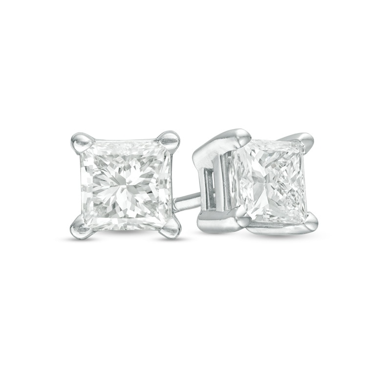 Main Image 1 of Previously Owned - 0.20 CT. T.W. Princess-Cut Diamond Solitaire Crown Royal Stud Earrings in 14K White Gold (J/I3)