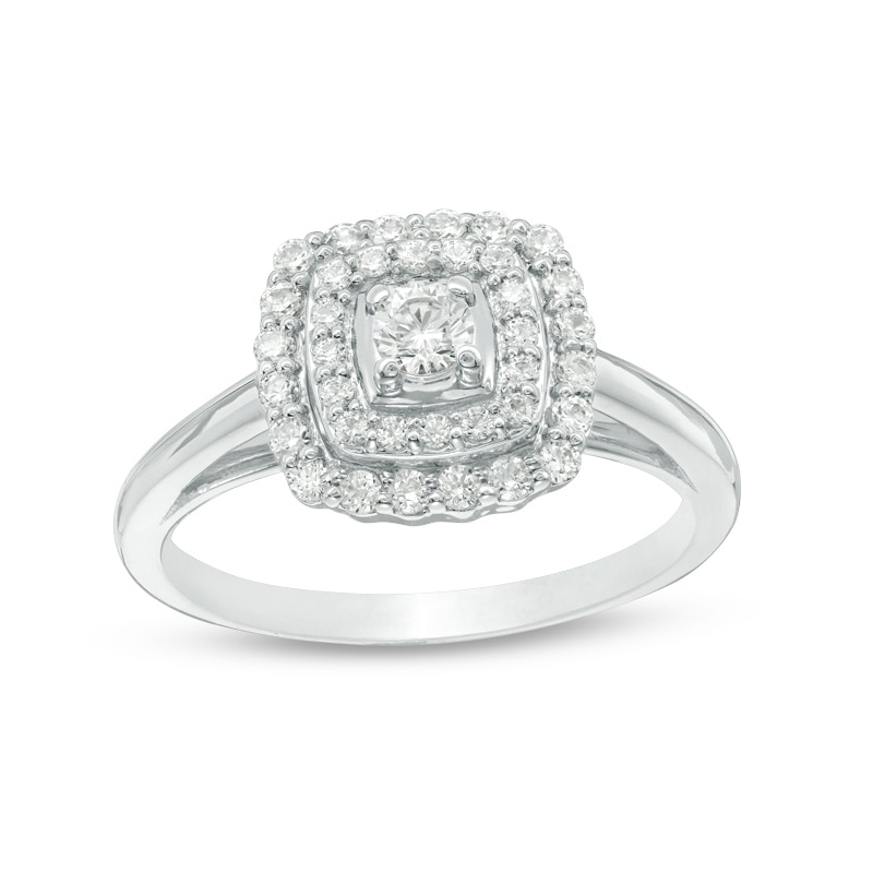 Previously Owned - 0.50 CT. T.W. Diamond Cushion Double Frame Engagement Ring in 10K White Gold|Peoples Jewellers