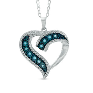 Previously Owned - 0.11 CT. T.W. Enhanced Blue Diamond Beaded Ribbon Heart Pendant in Sterling Silver