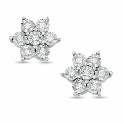 Previously Owned - 0.07 CT. T.W. Diamond Flower Stud Earrings in Sterling Silver