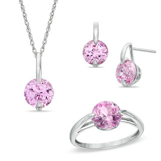 Previously Owned - Lab-Created Pink Sapphire Pendant, Ring and Earrings Set in Sterling Silver