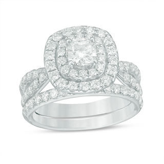 Previously Owned - 2.00 CT. T.W. Diamond Double Cushion Frame Bridal Set in 14K White Gold