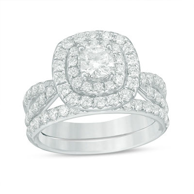 Previously Owned - 2.00 CT. T.W. Diamond Double Cushion Frame Bridal Set in 14K White Gold