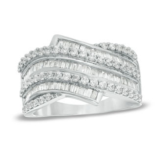 Previously Owned - 1.00 CT. T.W. Baguette and Round Diamond Bypass Wrap Ring in 10K White Gold