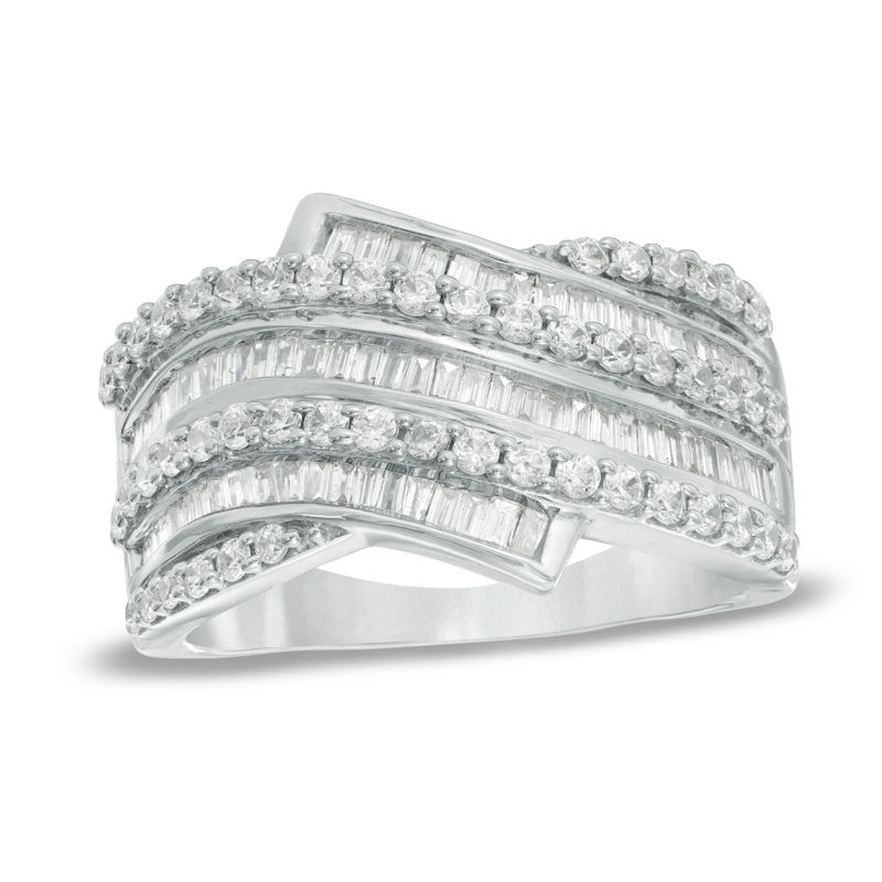 Main Image 1 of Previously Owned - 1.00 CT. T.W. Baguette and Round Diamond Bypass Wrap Ring in 10K White Gold