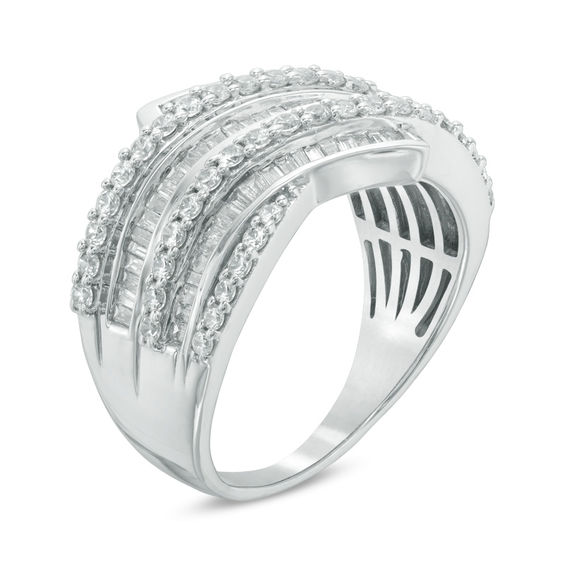 Previously Owned - 1.00 CT. T.W. Baguette and Round Diamond Bypass Wrap Ring in 10K White Gold