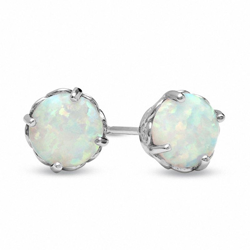 Main Image 1 of Previously Owned - 6.0mm Lab-Created Opal Solitaire Stud Earrings in 10K White Gold