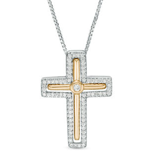 Previously Owned - Convertibilities 0.14 CT. T.W. Diamond Cross Three-in-One Pendant in Sterling Silver and 10K Gold