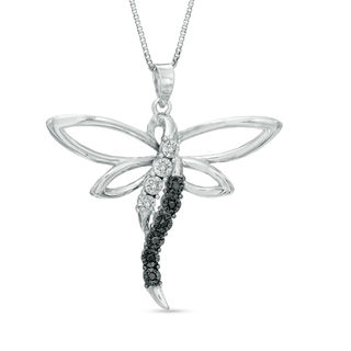 Previously Owned - 0.05 CT. T.W. Enhanced Black and White Diamond Dragonfly Pendant in Sterling Silver