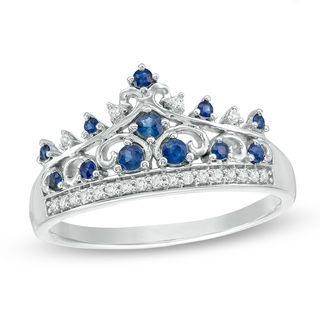 Previously Owned - Princess-Cut and Round Blue Sapphire with Lab-Created White Sapphire Crown Ring in Sterling Silver