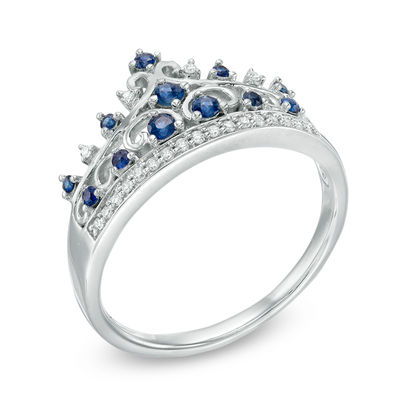 Previously Owned - Princess-Cut and Round Blue Sapphire with Lab-Created White Sapphire Crown Ring in Sterling Silver