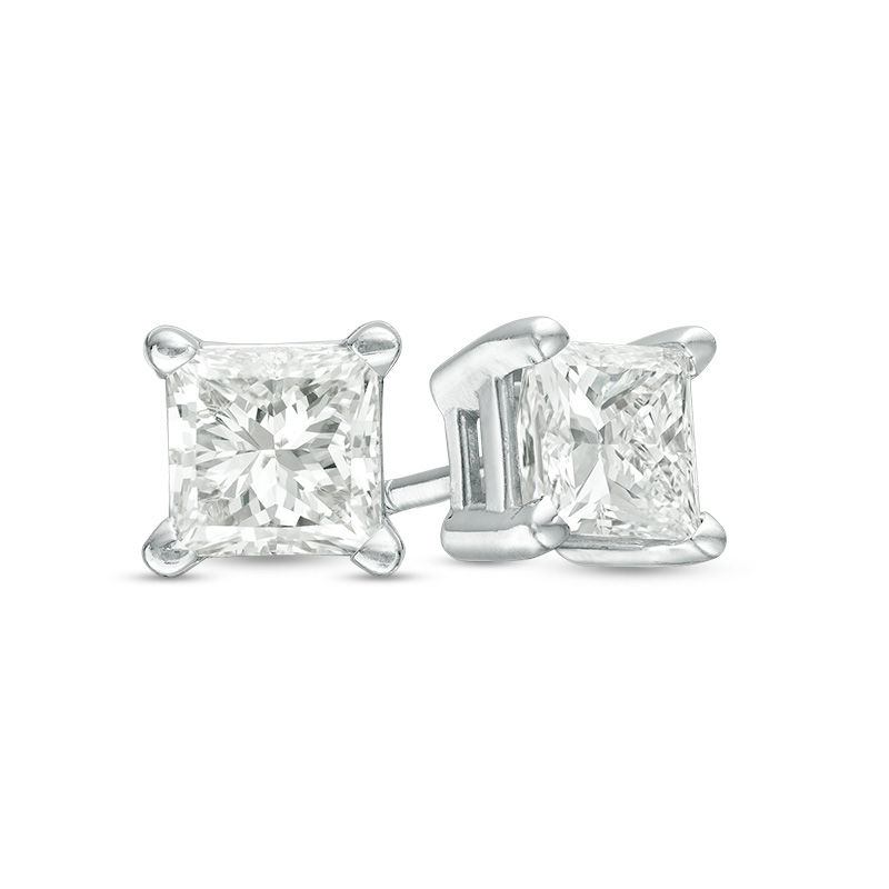 Main Image 1 of Previously Owned - 0.50 CT. T.W.  Princess-Cut Diamond Solitaire Stud Earrings in 14K White Gold (J/I3)