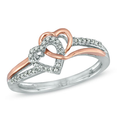 Previously Owned - 0.10 CT. T.W. Diamond Hearts Split Shank Ring in Sterling Silver and 10K Rose Gold