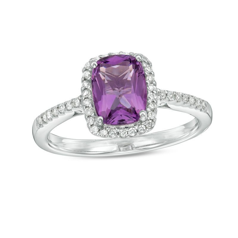 Previously Owned - Cushion-Cut Amethyst and 0.12 CT. T.W. Diamond Frame Ring in 10K White Gold|Peoples Jewellers