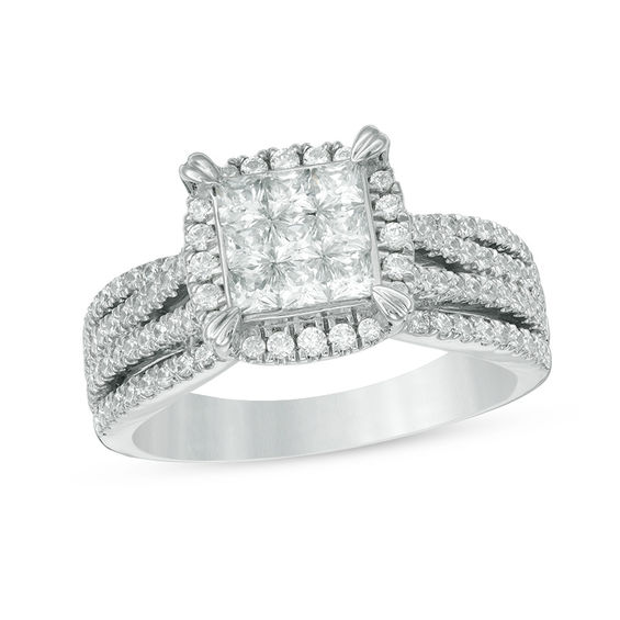 Previously Owned - 1.00 CT. T.W. Princess-Cut Composite Diamond Frame Multi-Row Engagement Ring in 10K White Gold