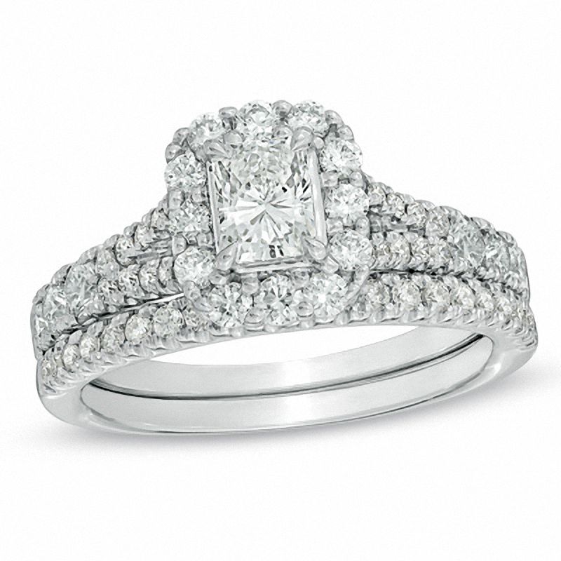 Main Image 1 of Previously Owned - 1.50 CT. T.W.  Radiant-Cut Diamond Frame Bridal Set in 14K White Gold (I/I1)