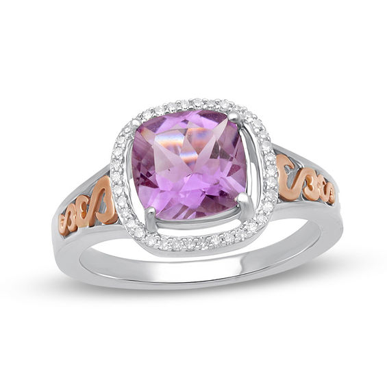 Previously Owned - Open Hearts by Jane Seymour™ 8.0mm Amethyst and 0.10 CT. T.W. Diamond Frame Ring in Sterling Silver