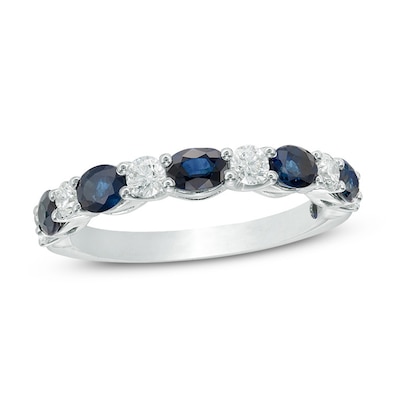 Previously Owned - Vera Wang Love Collection Oval Blue Sapphire and 0.37 CT. T.W. Diamond Band in 14K White Gold