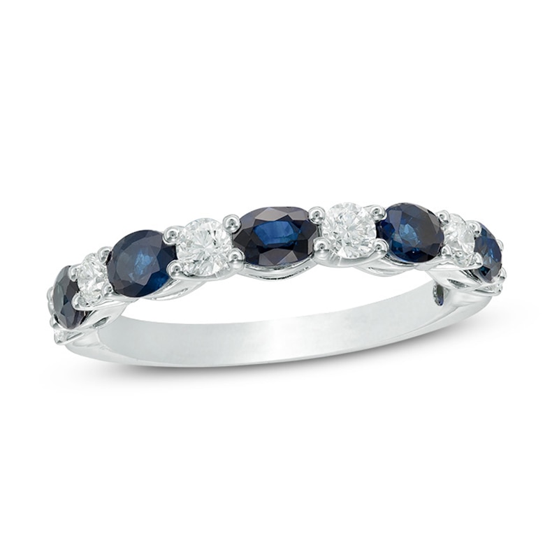 Previously Owned - Vera Wang Love Collection Oval Blue Sapphire and 0.37 CT. T.W. Diamond Band in 14K White Gold|Peoples Jewellers