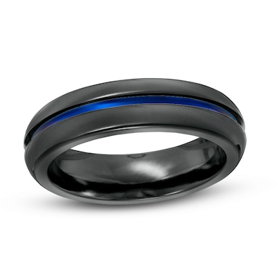 Previously Owned - Radiance by Edward Mirell Men's 6.0mm Comfort Fit Blue Anodized Wedding Band in Black Titanium