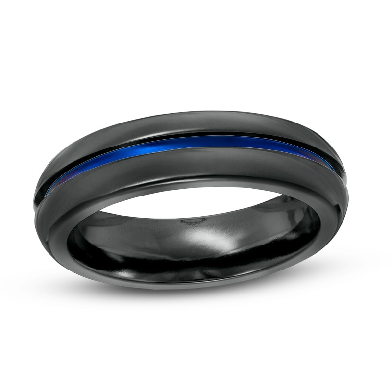 Previously Owned - Radiance by Edward Mirell Men's 6.0mm Comfort Fit Blue Anodized Wedding Band in Black Titanium|Peoples Jewellers