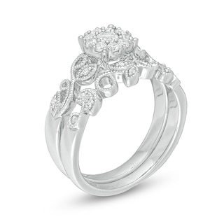 Previously Owned - Perfect Fit 0.30 CT. T.W. Diamond Frame Vine-Shank Interlocking Bridal Set in 10K White Gold