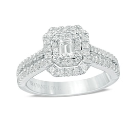 Previously Owned - Vera Wang Love Collection 0.95 CT. T.W. Emerald-Cut Diamond Double Row Engagement Ring in 14K White Gold