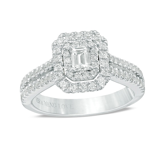 Previously Owned - Vera Wang Love Collection 0.95 CT. T.W. Emerald-Cut Diamond Double Row Engagement Ring in 14K White Gold