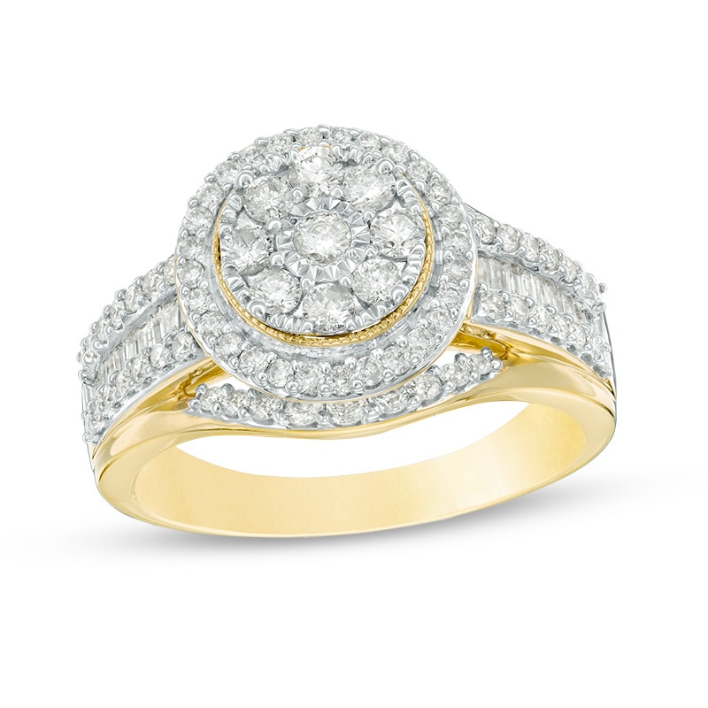 Main Image 1 of Previously Owned - 1.00 CT. T.W. Composite Diamond Frame Multi-Row Vintage-Style Engagement Ring in 10K Gold