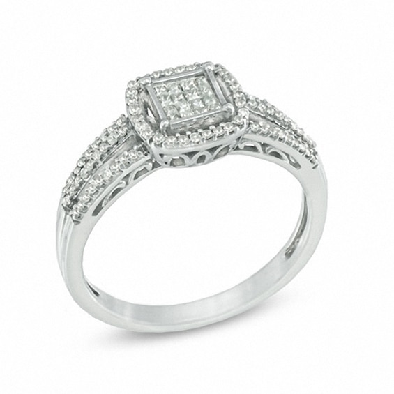 Previously Owned - 0.33 CT. T.W. Princess-Cut Composite Diamond Square Frame Ring in 10K White Gold