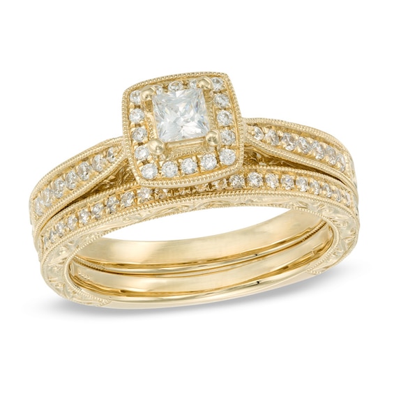 Previously Owned - 0.45 CT. T.W.  Princess-Cut Diamond Frame Vintage-Style Bridal Set in 14K Gold