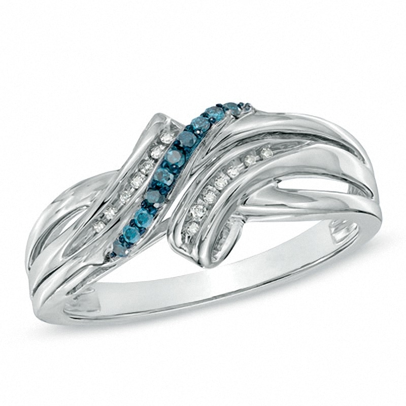 Main Image 1 of Previously Owned - 0.07 CT. T.W. Enhanced Blue and White Diamond Double Bypass Ring in Sterling Silver