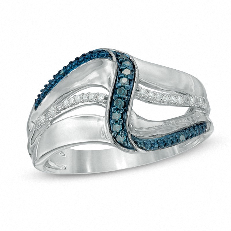 Previously Owned - 0.13 CT. T.W. Enhanced Blue and White Diamond Linear Wave Ring in Sterling Silver