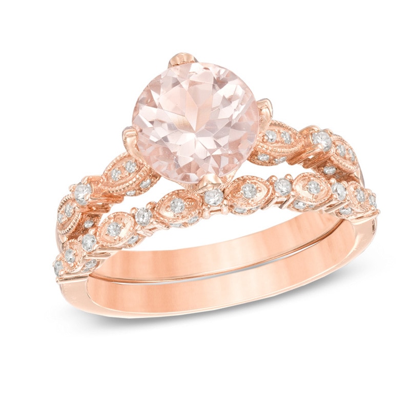 Previously Owned - Morganite and 0.34 CT. T.W. Diamond Vintage-Style Bridal Set in 14K Rose Gold