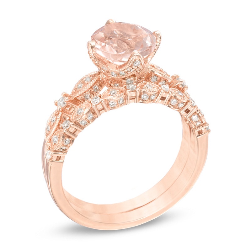 Previously Owned - Morganite and 0.34 CT. T.W. Diamond Vintage-Style Bridal Set in 14K Rose Gold