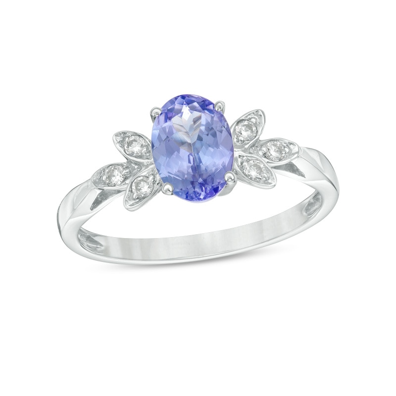 Previously Owned - Oval Tanzanite and 0.09 CT. T.W. Diamond Leaf Ring in 10K White Gold|Peoples Jewellers