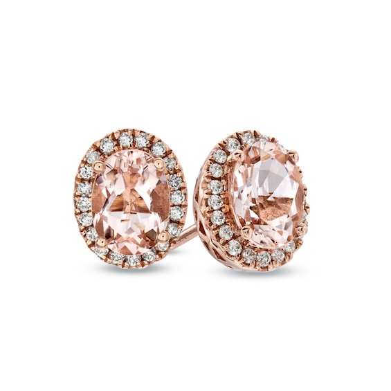 Previously Owned - Oval Morganite and 0.14 CT. T.W. Diamond Frame Stud Earrings in 10K Rose Gold