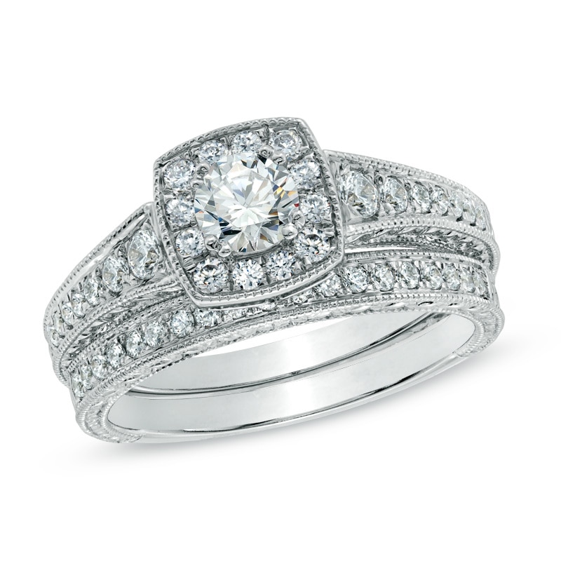 Previously Owned - Celebration Canadian Ideal 0.95 CT. T.W. Diamond Vintage-Style Bridal Set in 14K White Gold|Peoples Jewellers